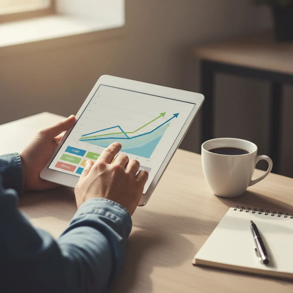 An investor analyzing budget spreadsheets and investment logs on a tablet.