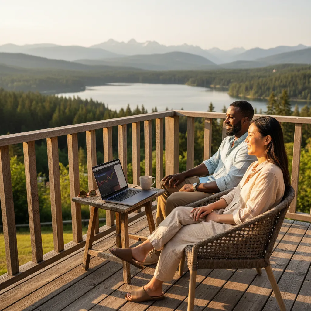 A couple planning early retirement options, reviewing investment portfolios and safe withdrawal calculators on a laptop.