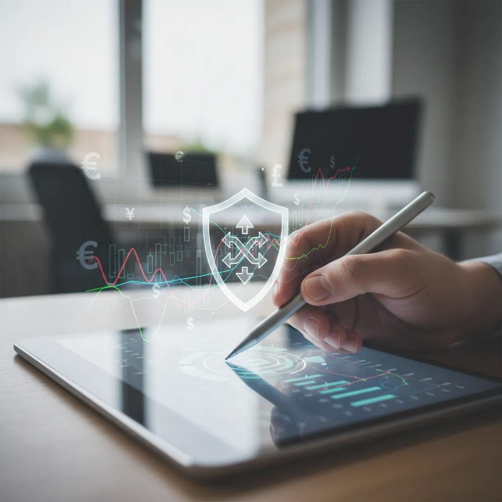 An analyst reviewing FX charts and risk management indicators on a tablet.