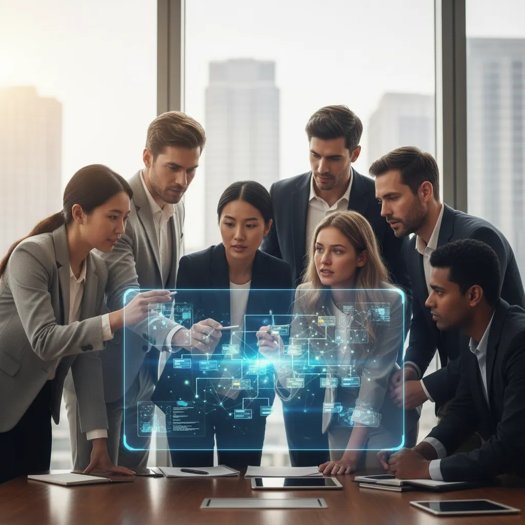 An AI ethics council reviewing model metrics and pipeline parameters in a collaborative workspace.