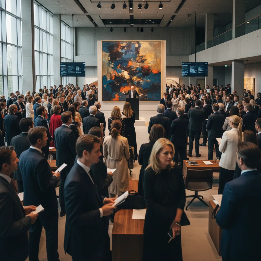 A high-end art auction representing corporate and private collectors bidding on physical pieces.