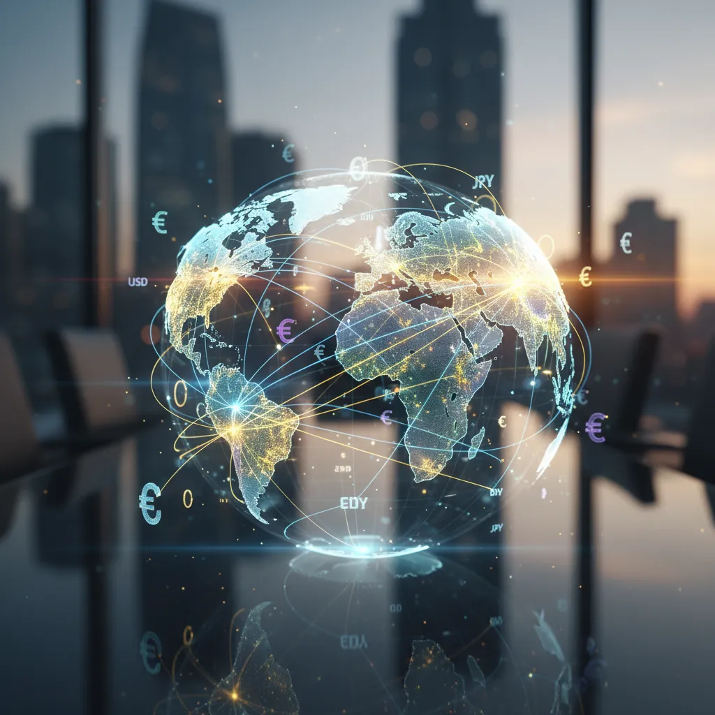 An abstract flow representing international trade, transaction routes, and currency flows.