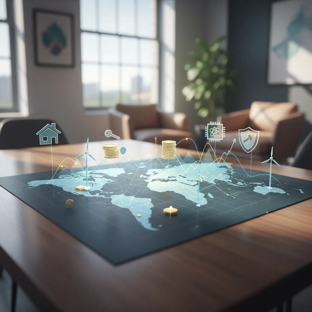 A global asset map illustrating diversification channels, private equity nodes, and family trust hubs.