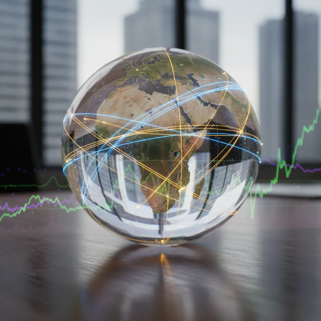 An abstract globe displaying trading routes and infrastructure connections.