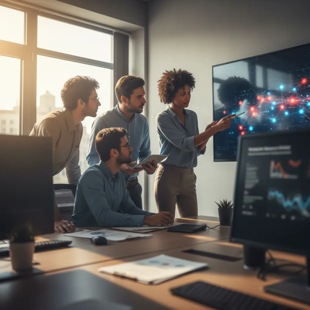 A diverse financial analyst team collaborating, reviewing AI-generated fraud risk assessments on a large screen, emphasizing human-AI partnership in investigation workflows.