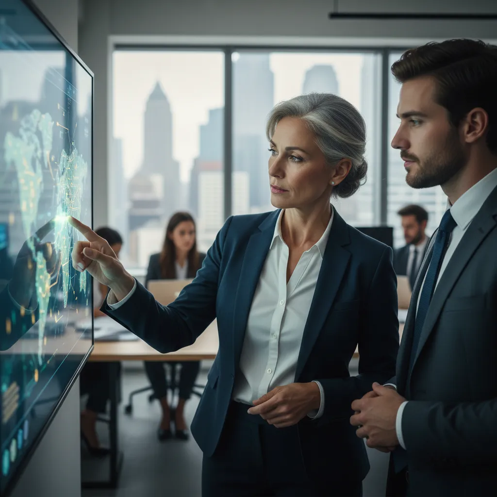 Business leader collaborating with an AI-powered strategic dashboard to interpret market insights and scenario analysis.