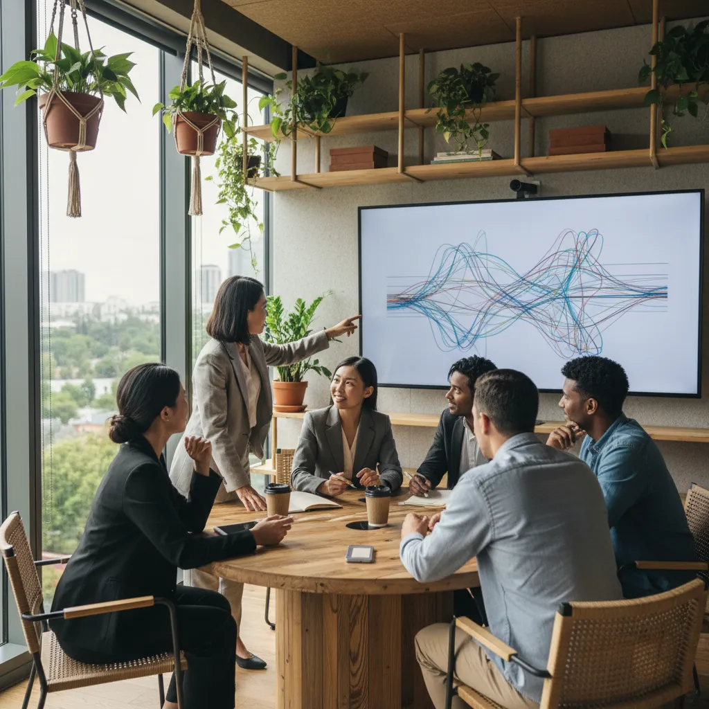 An analyst reviewing SDG charts, carbon offset metrics, and financial logs.