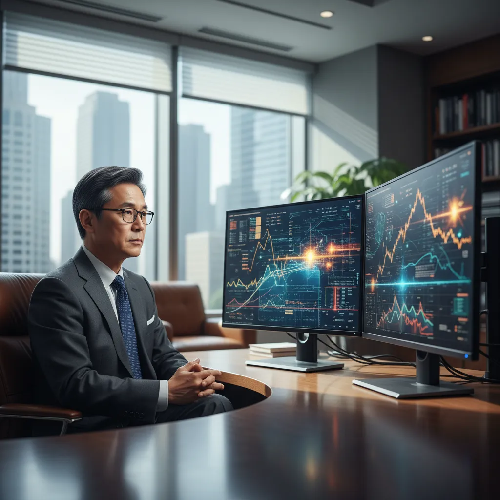 An investor analyzing factor returns and portfolio risk metrics on multiple screens.