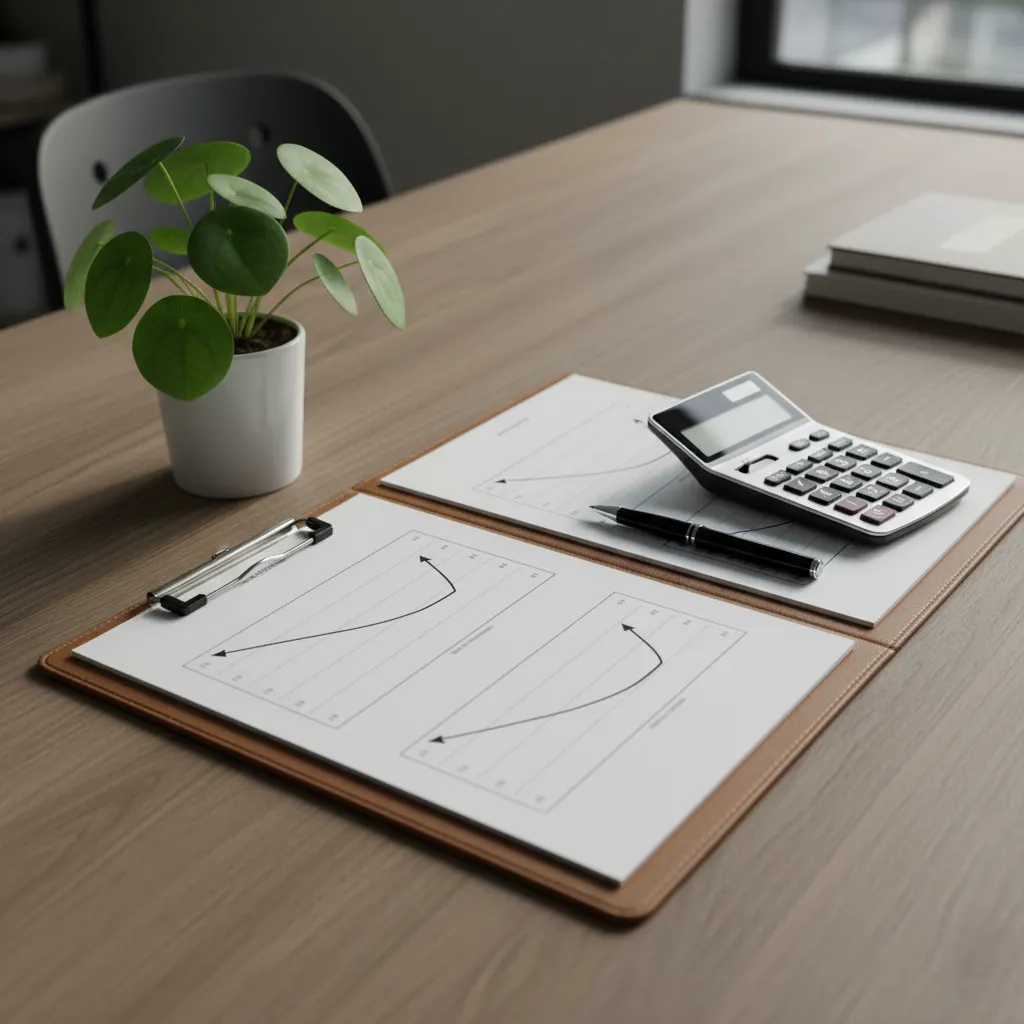 Tax schedules, calculators, and estate plan binders arranged on a desk representing wealth management.