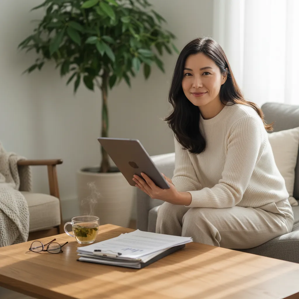 An investor reviewing retirement growth charts and automated account settings.