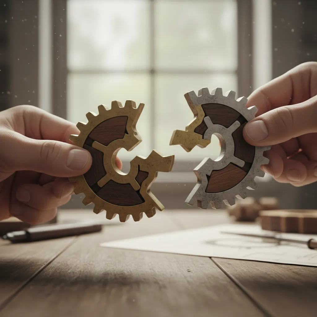 Two gears being fitted together, representing the difficulty of combining two businesses.