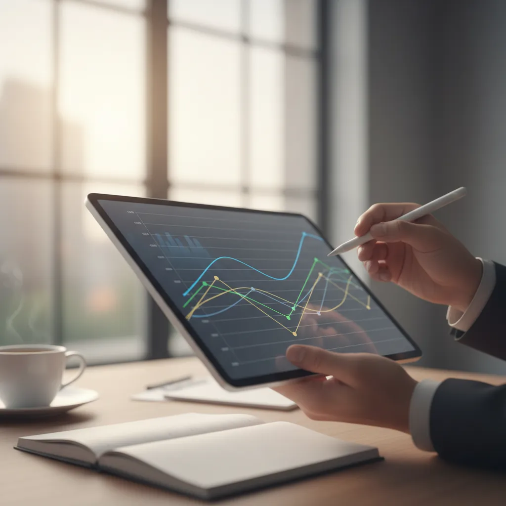 An investor comparing index fund ticker symbols, fee structures, and tracking errors on a monitor.