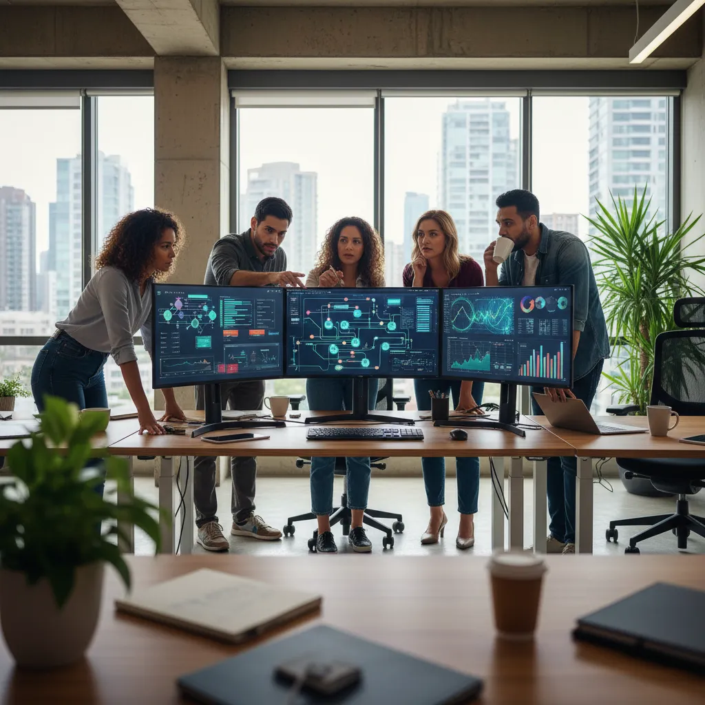 A systems engineer analyzing automated ML pipelines, feature stores, and real-time model monitoring metrics on a console.