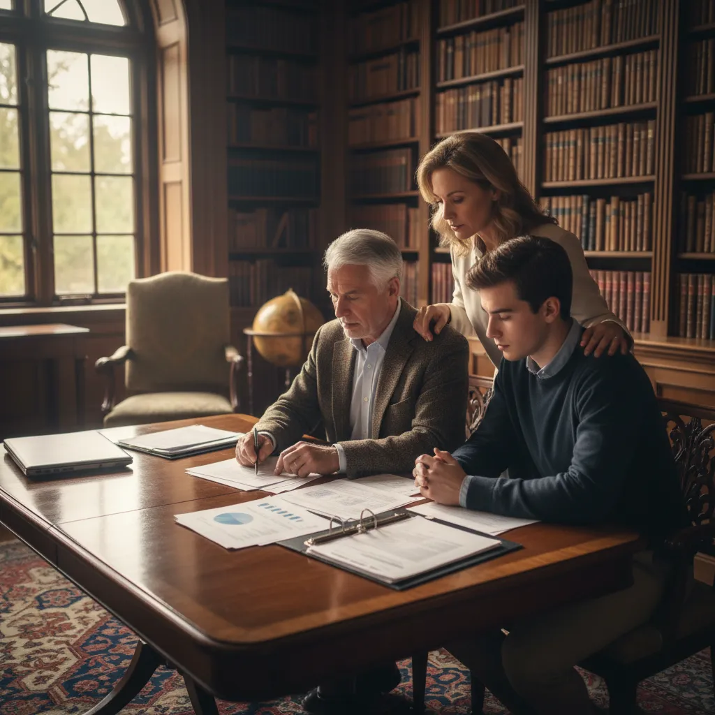 Three generations of a family discussing wealth preservation values and legacy goals with advisors.