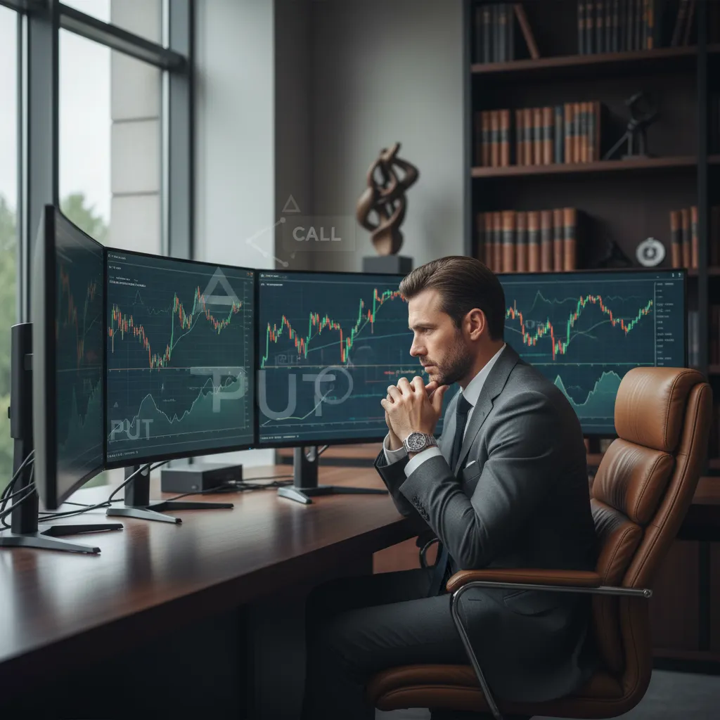 A professional trader monitoring options Greeks, implied volatility curves, and option spreads on multiple monitors.