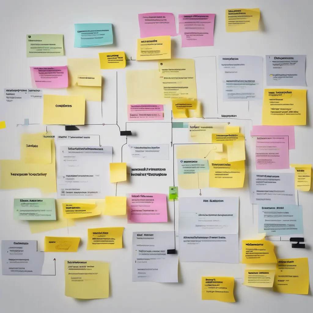 Colored sticky notes and printed cards pinned to a wall and linked with lines, like a planning board.