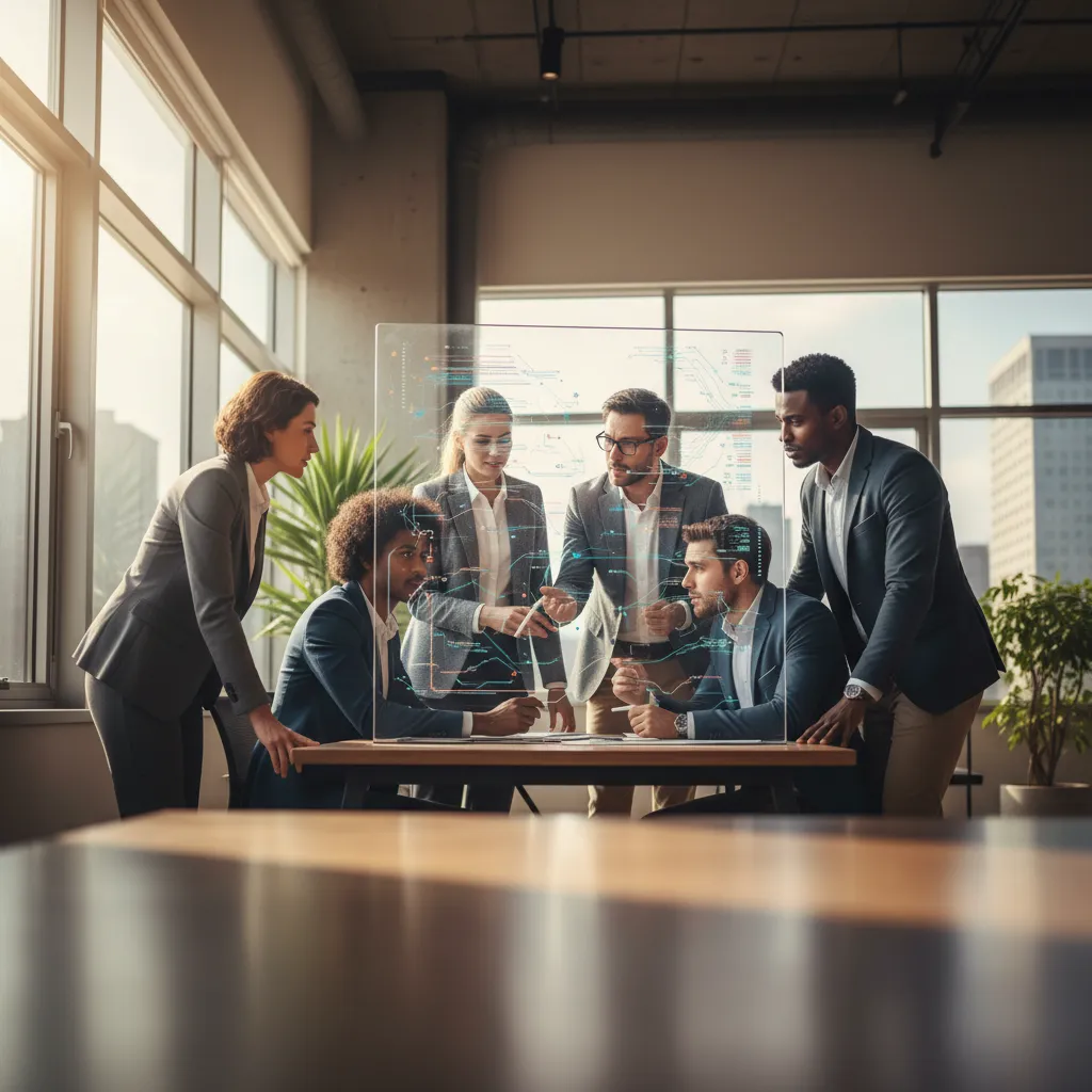 A team of data scientists and business operations leads reviewing predictive customer churn models and sales forecasts on dashboard screens.