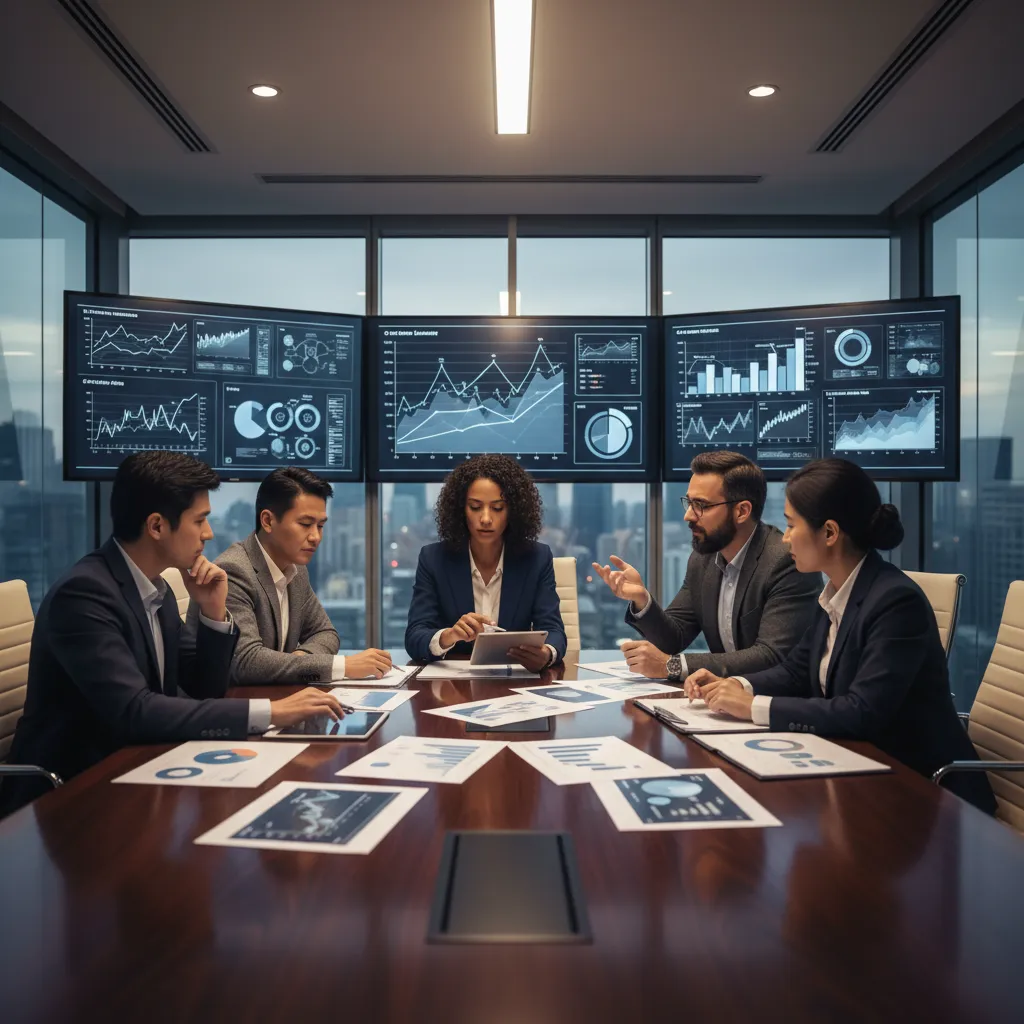 A private equity deal team reviewing Quality of Earnings (QoE) adjustments, customer cohorts, and working capital pegs in a boardroom.