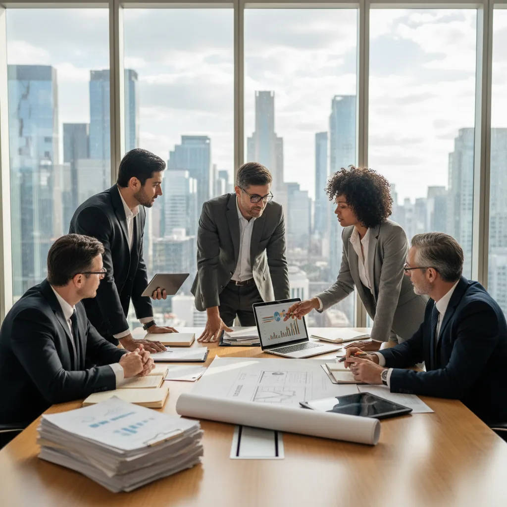 A team of real estate allocators reviewing property blueprints, financial models, and sponsor waterfall agreements in a modern office.
