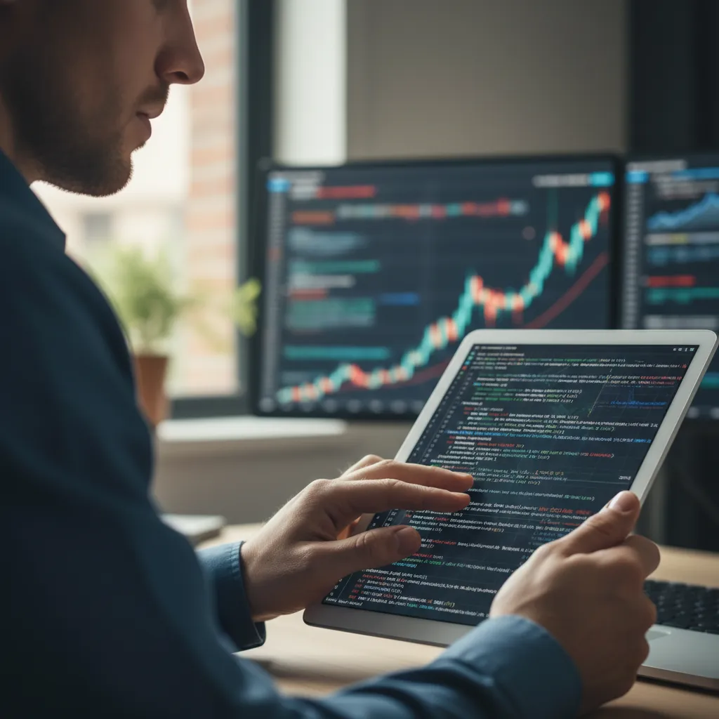 An analyst reviewing statistical models, coding variables, and trading scripts on a screen.