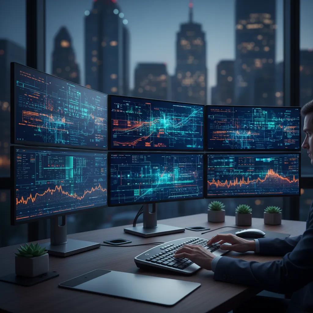 A quantitative analyst reviewing algorithmic trading systems, signal generation metrics, and backtesting datasets on multiple monitors.