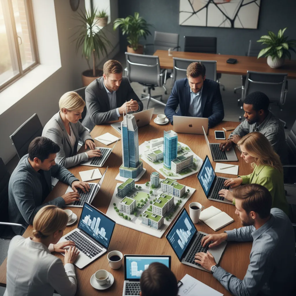 Investors analyzing fractional commercial real estate listings and sponsor track records on a crowdfunding platform dashboard.