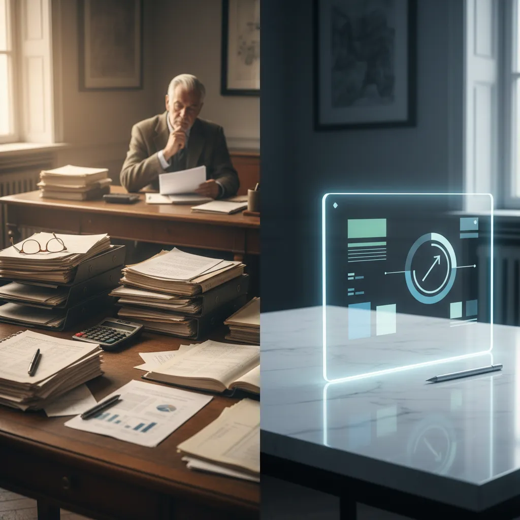 A comparison showing an automated digital interface next to a traditional financial advisor's office tools.
