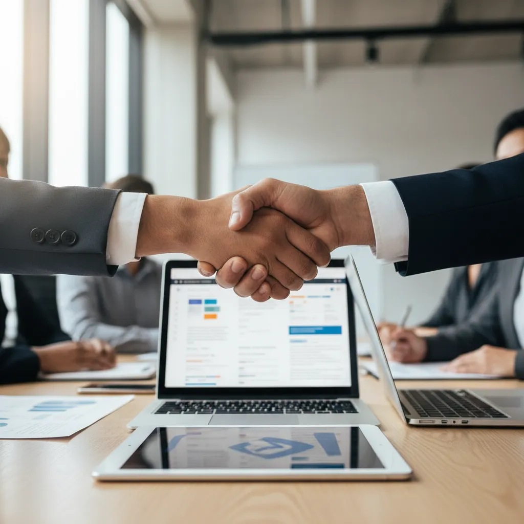 A business leader shaking hands with a vendor, symbolizing a collaborative software partnership.