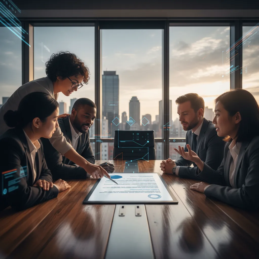 A Director of Procurement and an IT Analyst reviewing SaaS contract clauses, user adoption logs, and renewal timelines on a tablet.