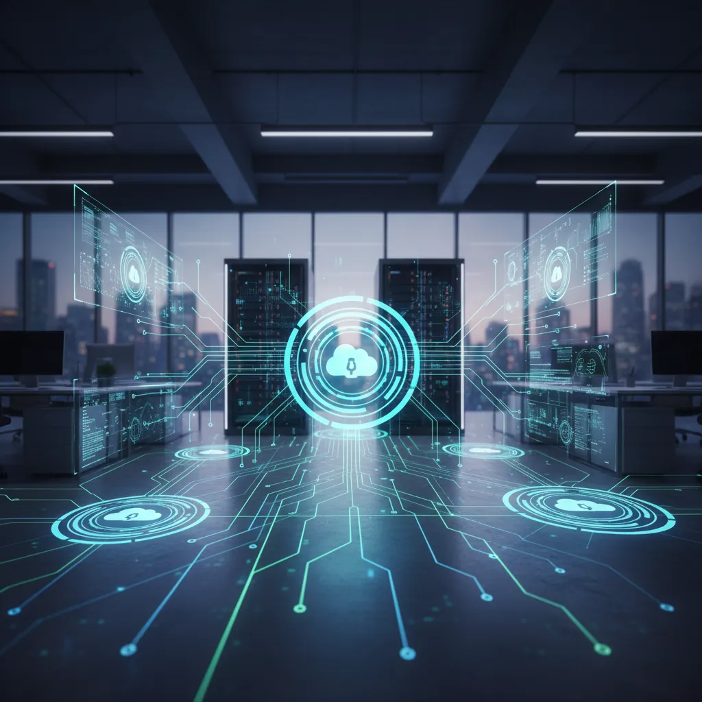 An abstract digital visualization of enterprise network nodes, cloud servers, and security shielding mechanisms.