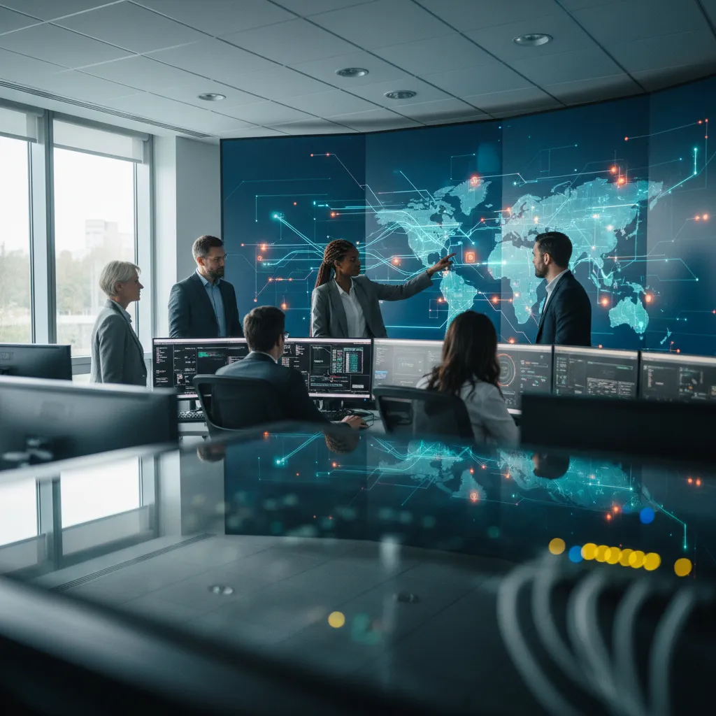 A security analyst reviewing real-time threat alerts, SSO access patterns, and API connection maps.