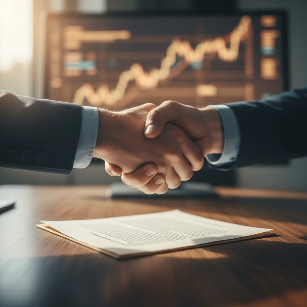 Business partners signing property contracts at a desk, finalizing commercial mortgage terms.