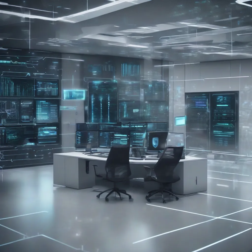 A dim server room with glowing monitors, server racks, and two empty chairs at a central workstation.
