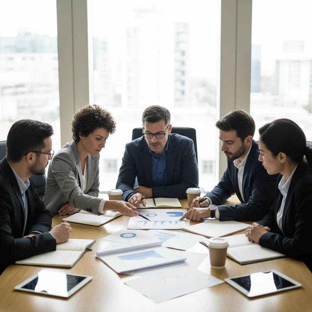 A team of financial analysts, appraisers, and business owners reviewing balance sheets, DCF models, and market multiples on screens.