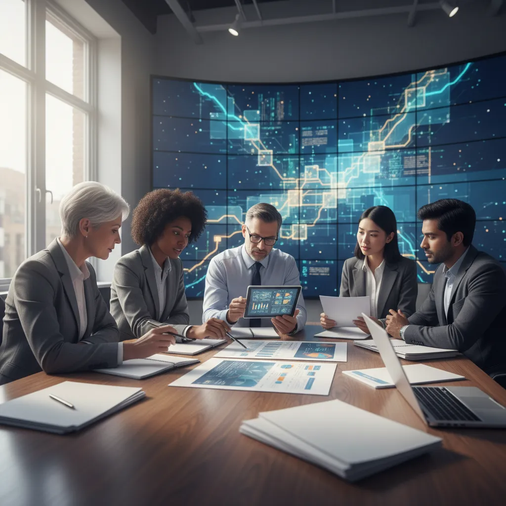 A executive team reviewing corporate balance sheets, debt service coverage metrics, and loan amortization models in a boardroom.