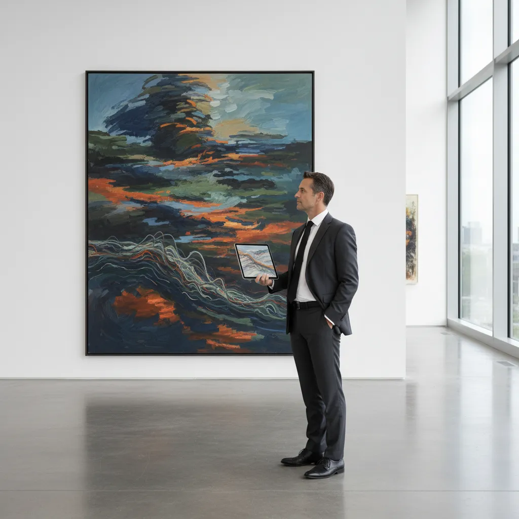 An art advisor and a private wealth allocator reviewing auction catalogs, condition reports, and fractional art share performance charts.