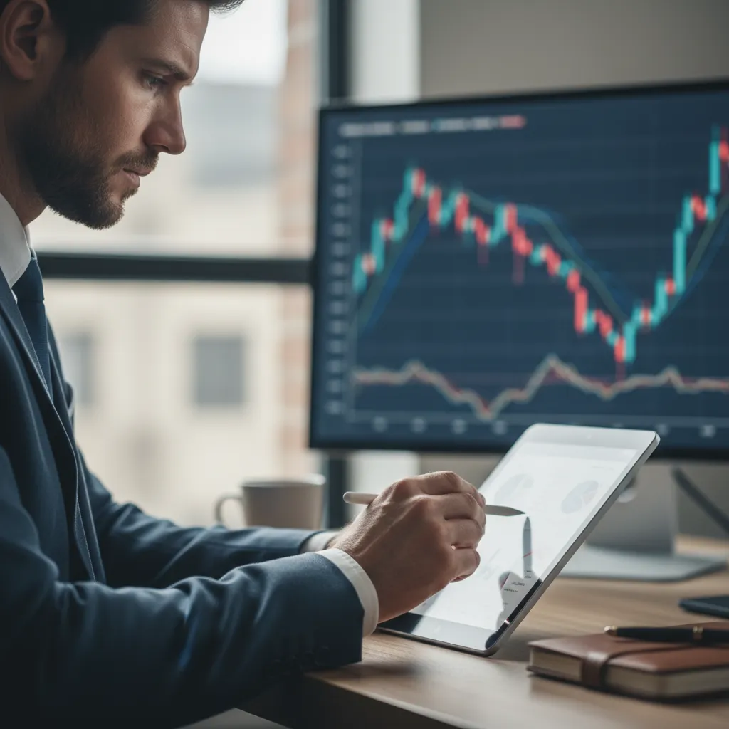 A wealth manager reviewing stock market drawdowns, taxable portfolio holdings, and capital loss carryforward logs on a monitor.
