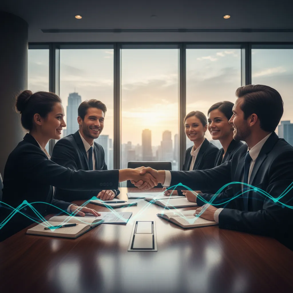 Two corporate teams shaking hands in a modern conference room, illustrating post-merger integration and strategic M&A success.