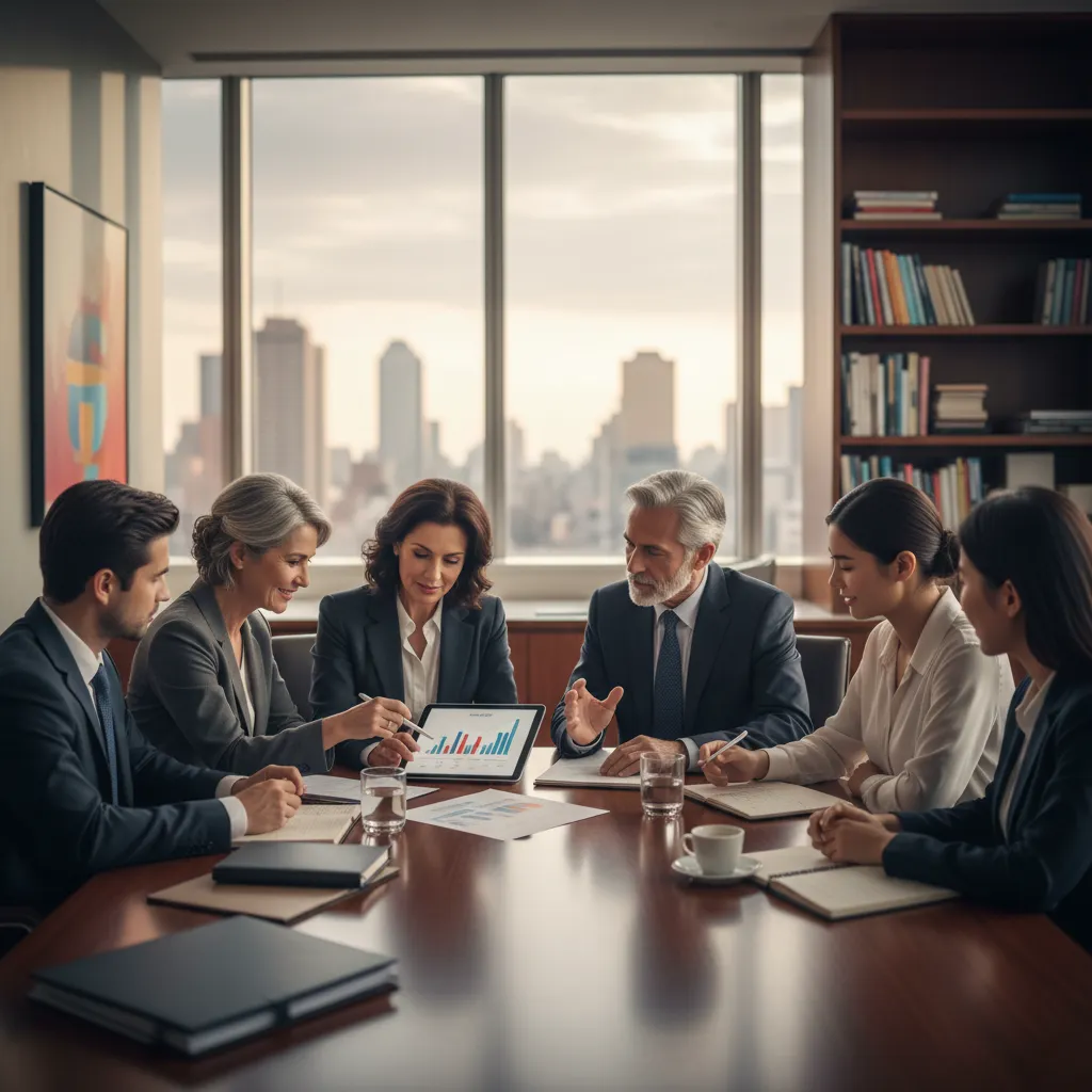 A family meeting with their wealth advisor and estate attorney, reviewing charitable trusts, private foundation rules, and stock donation strategies.