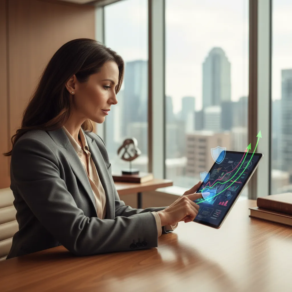 A financial advisor explaining structured note components, option payouts, and downside buffer options on a tablet to an investor.