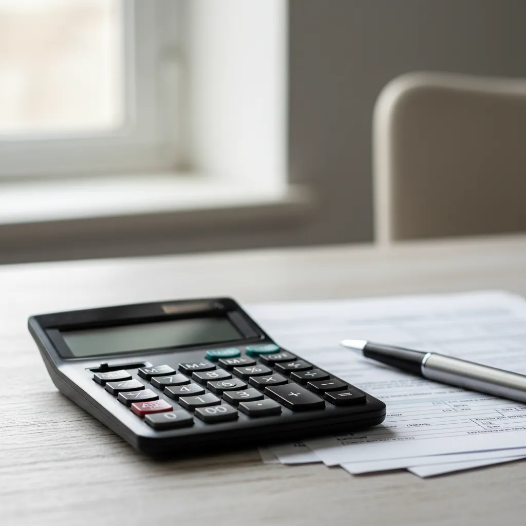 A calculator and tax documents detailing capital gains calculations.