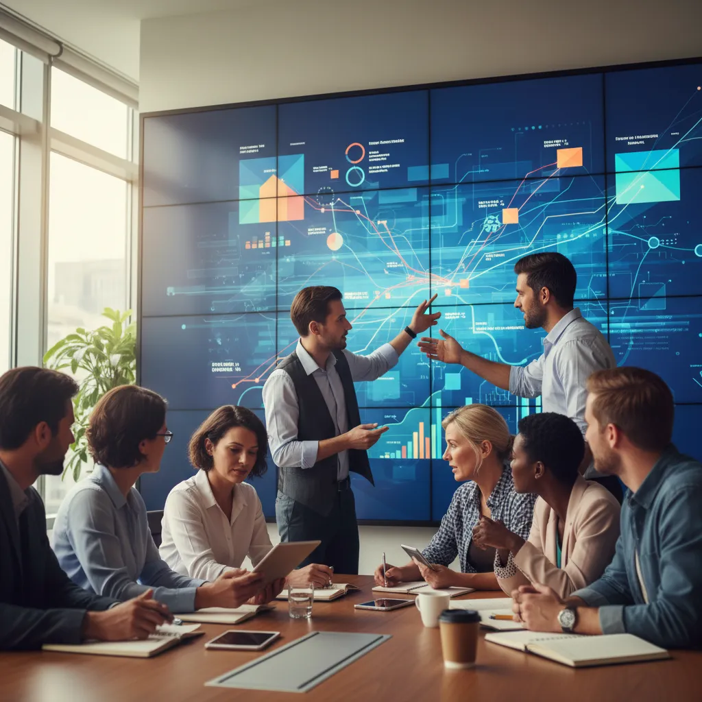 An IT and finance team collaborating to review cloud governance metrics.