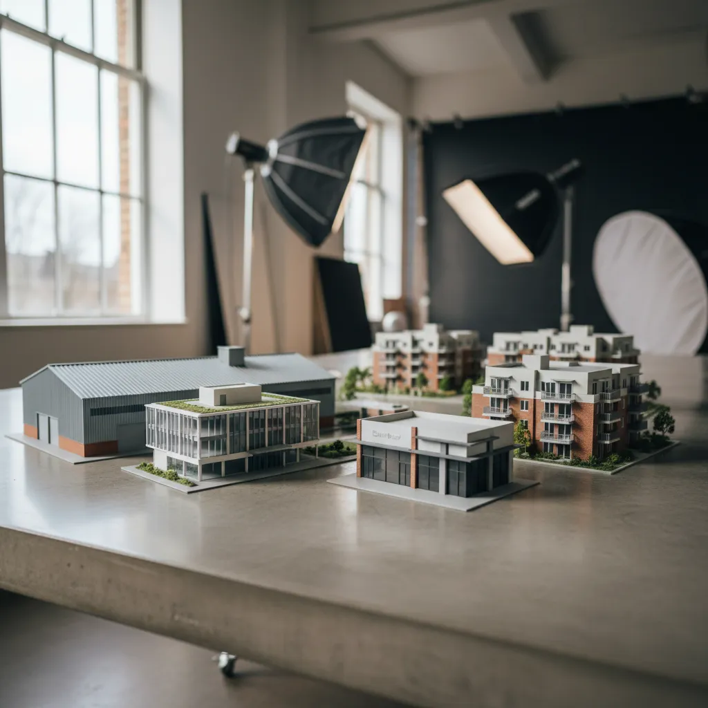 Visual showing retail store plazas, industrial delivery bays, and multifamily apartment blocks.