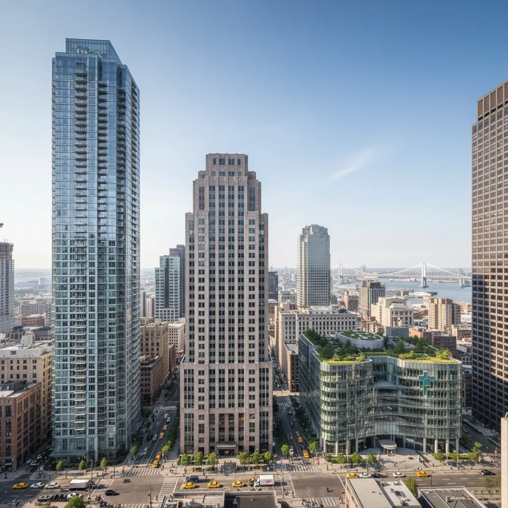 A modern real estate graphic showing office buildings, retail centers, and logistics hubs.