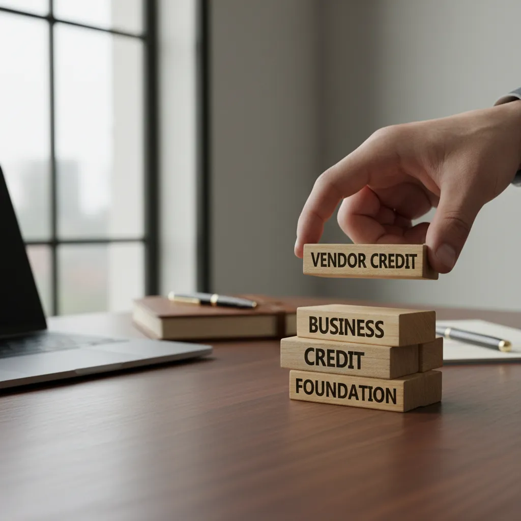 An illustration of blocks labeled Net-30, vendor credit, and reporting bureaus building a corporate credit stack.