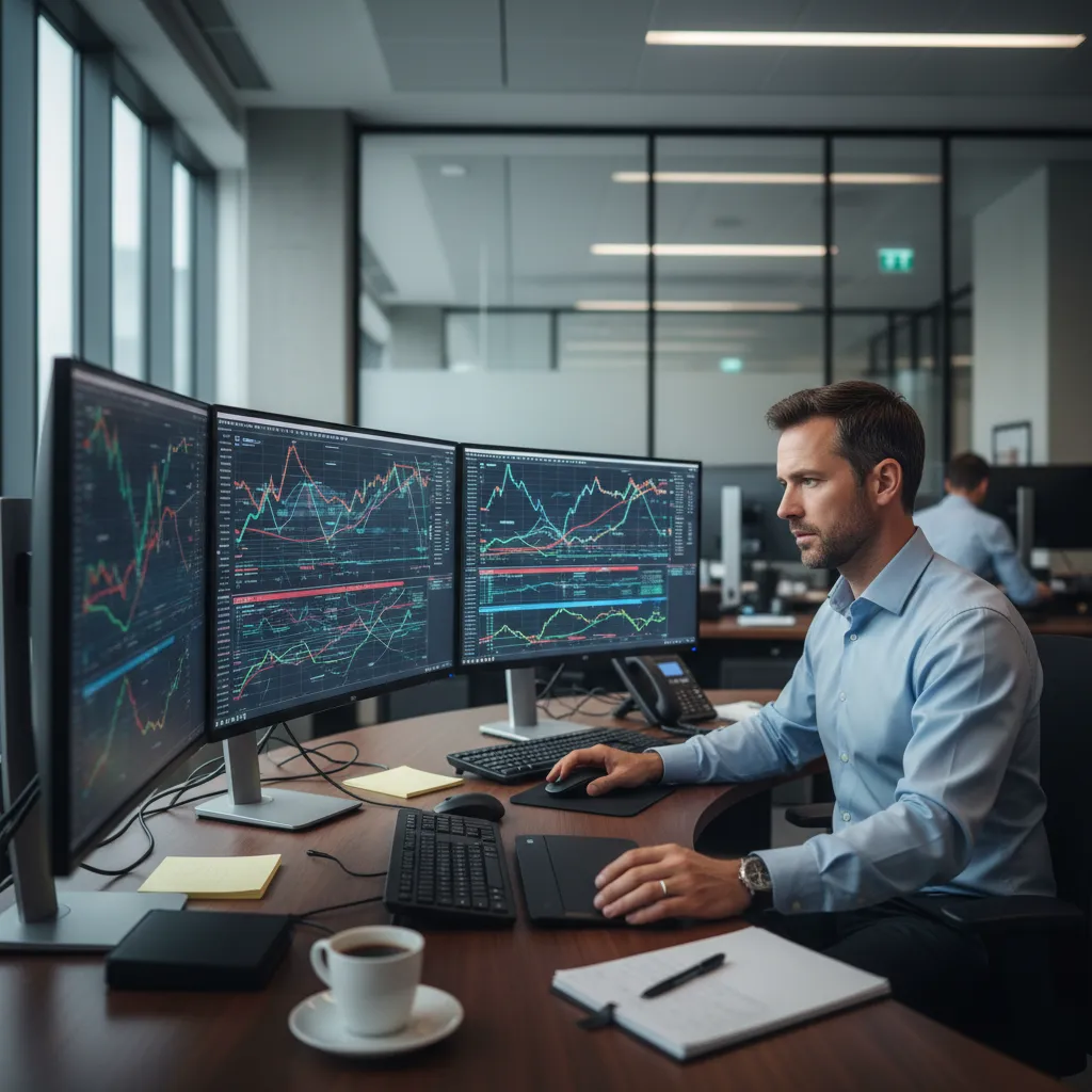 A volatility trader monitoring real-time VIX curves, implied volatility matrices, and options spread charts on a trading dashboard.