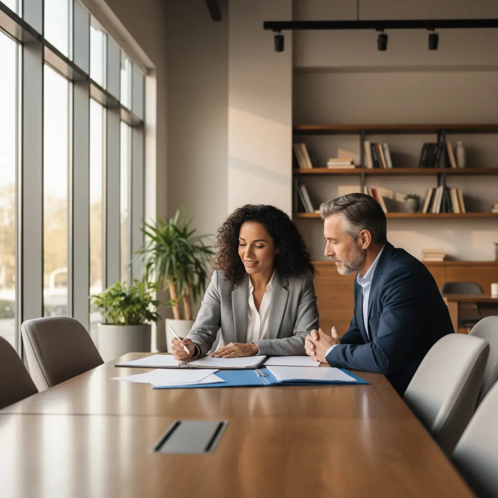 A client and a fee-only fiduciary advisor reviewing AUM tiers, investment expense ratios, and tax-loss harvesting benefits.