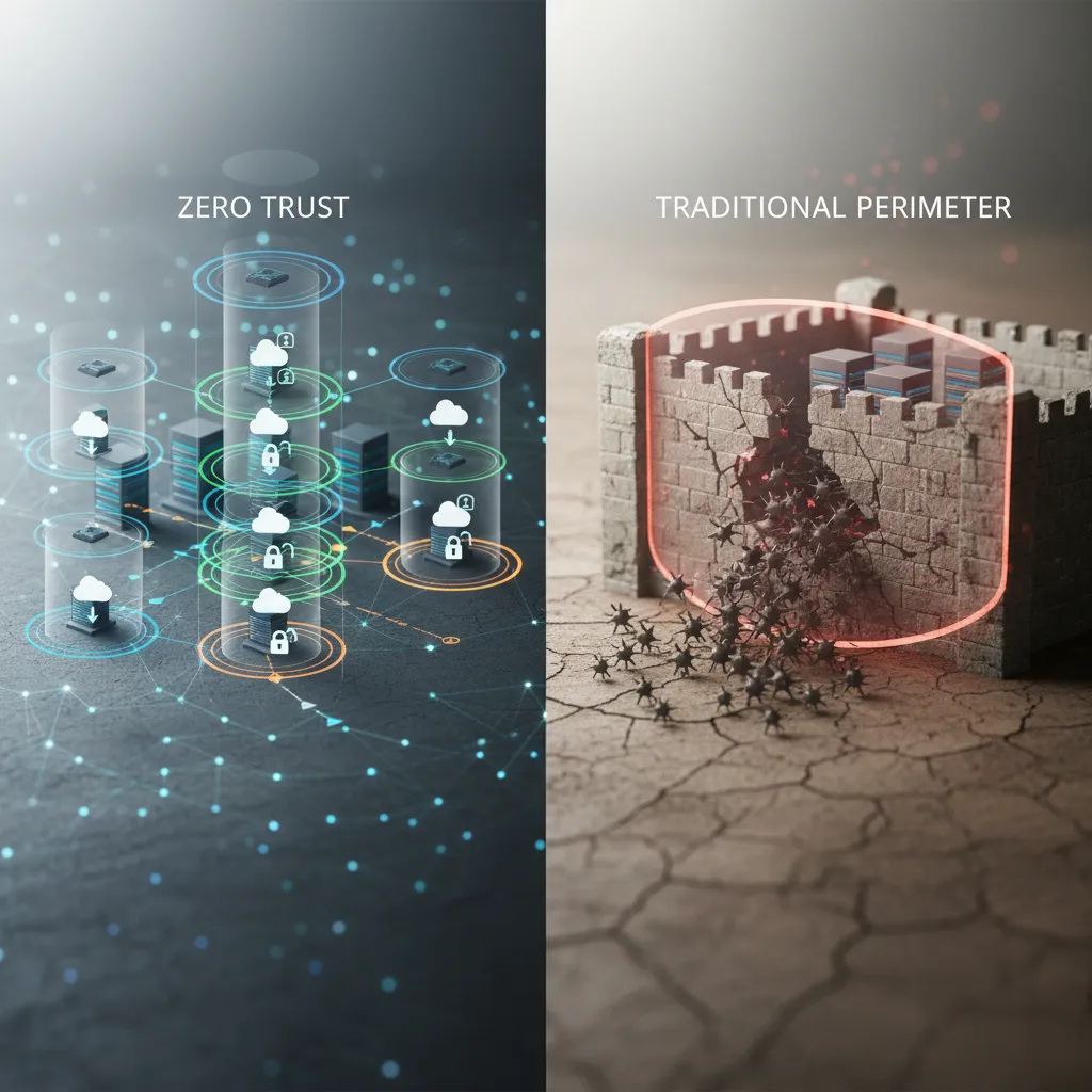 Visual comparison diagram of zero trust identity-centric architecture versus traditional perimeter-based castle-and-moat security model.